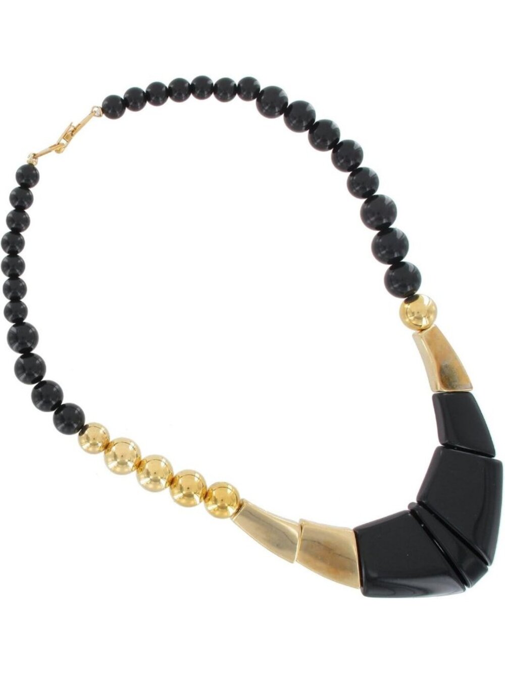 Trendy 1980s Vintage Geometric Black Lucite Gold Tone Beaded Collar Necklace 17